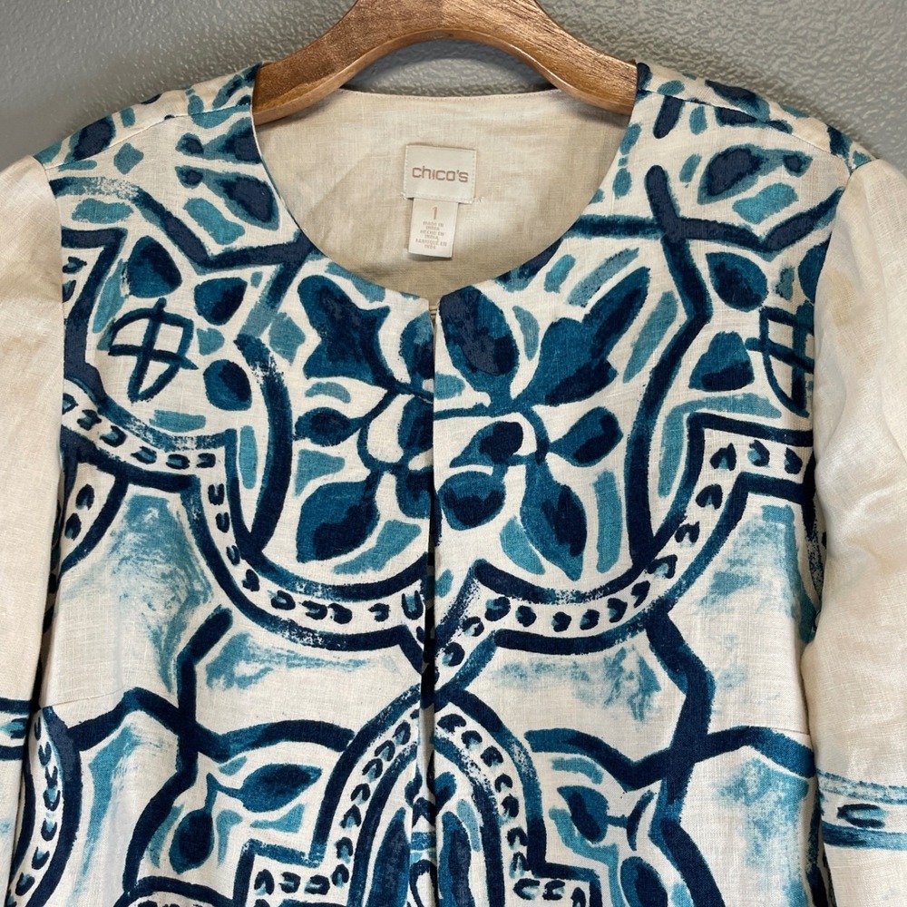 Chico's Women's artisan Printed Linen Jacket Size 1 US Size M/8 Cream & Blue